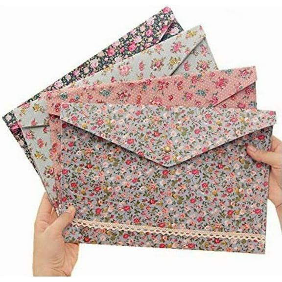 NeoMart- 4 Pcs Individualized Felt A4 Size Floral Pattern Document Folder with Snap Button Office Document Cash Coin Stationery Storage Organizer