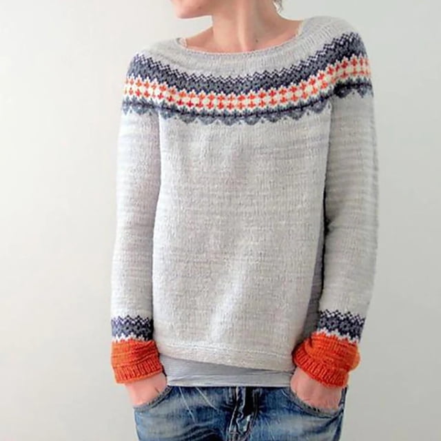 Isle Sweater Top Lightweight Knit Crew Neck Pullover Sweater Graphic Tops Knitted Pullover Fall Winter Clothes Long Sleeve Soft Warm Cozy Boho Pattern Pullover Soft Touch Funnel Grey XXL
