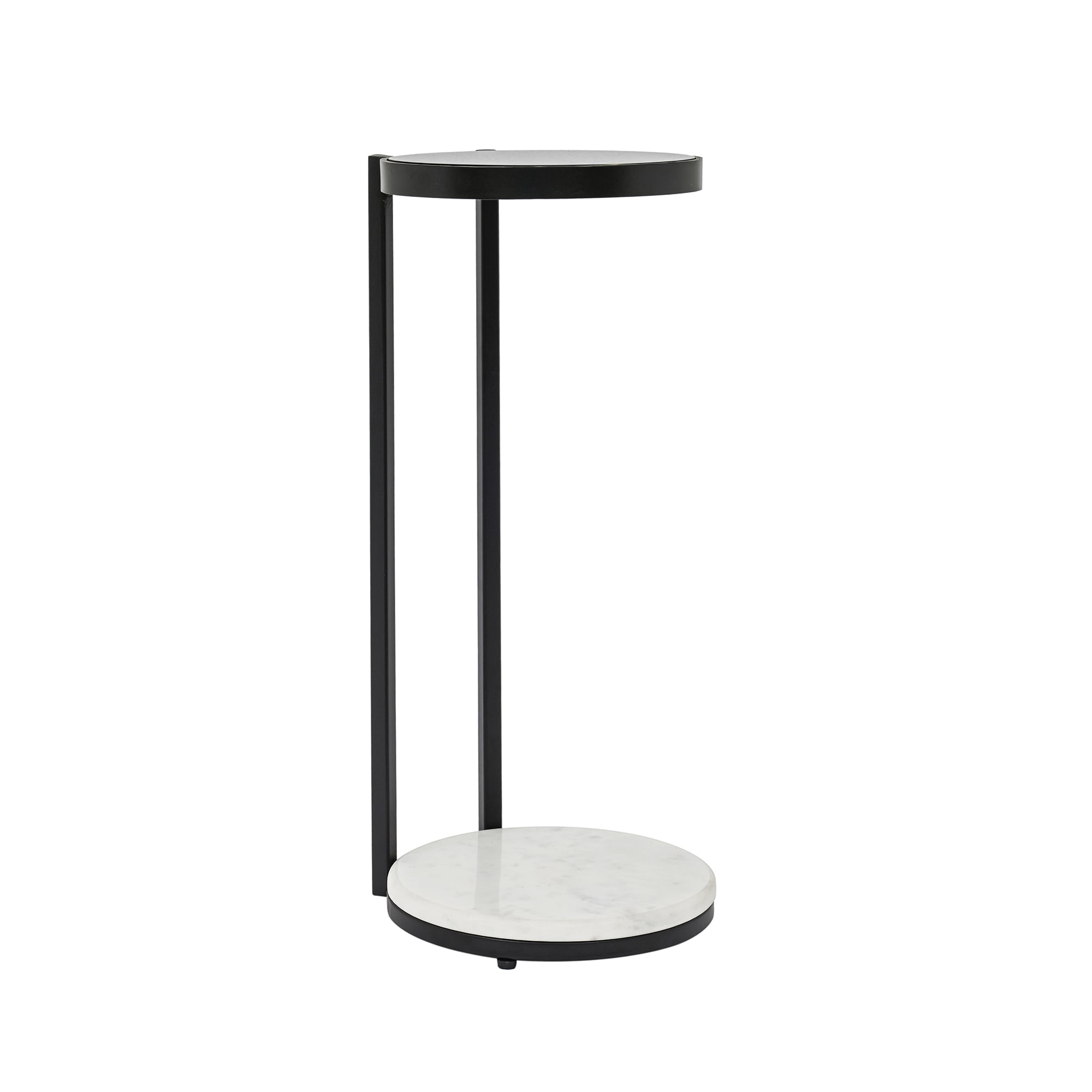 Modern Accent Side Table, Clear Glass Top with Black Metal Frame & White Marble Base, Compact 10×10×23.25 Inch Drink End Table for Living Room Bedroom