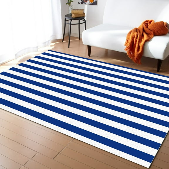 Striped Area Rug 4'x6' Colorful Blue and White Horizontal Stripes Washable Area Rugs Non Shedding Floor Carpet Rubber Backing Non-Slip Indoor Mats for Living Room Bedroom Kitchen