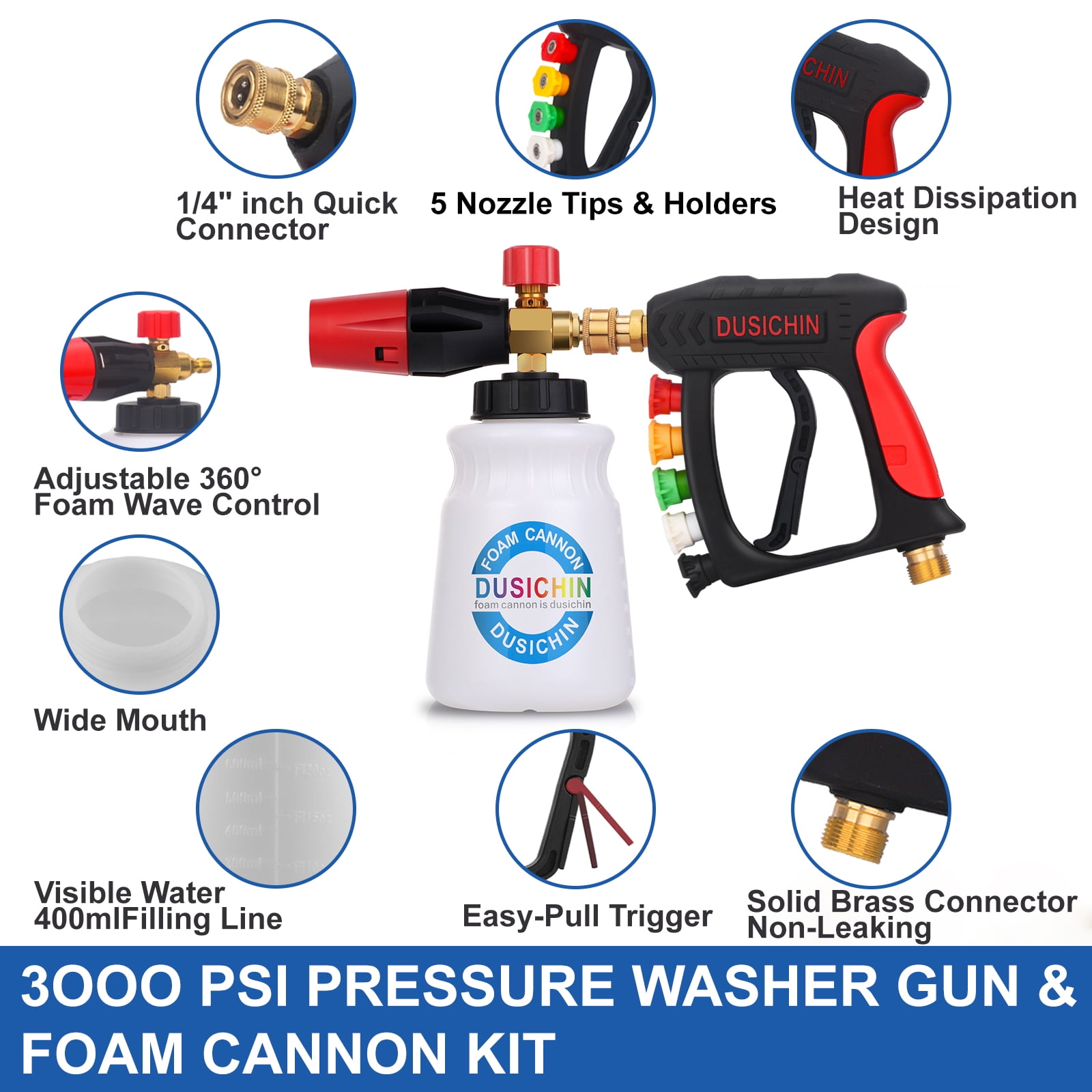 DUSICHIN Foam Cannon Short Pressure Washer Gun 1/4 Inch Quick Connector,5 Pressure Washer Nozzle Tips Car Wash Foam Gun 3/8'' Swivel Quick Connector,M22-14mm M22-15mm Fitting,Not Use with Garden Hose