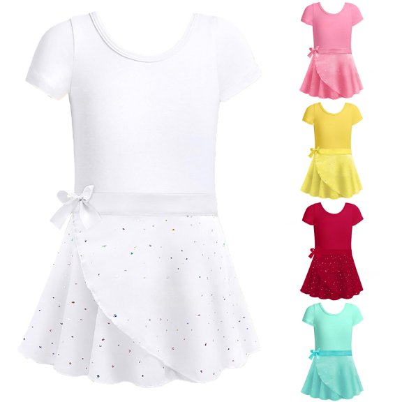 FYDUU Girls Ballet Leotards with Removable Skirt Ballet Dance Dress Set Short Sleeve Ballet Practice Gymnastics Performance Outfit 8-10 Years