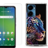 For Cricket Magic 2 5G Phone Case Cover, Shockproof Bumper Hybrid Case with Tempered Glass Screen Protector, by OneToughShield - Neon Tiger