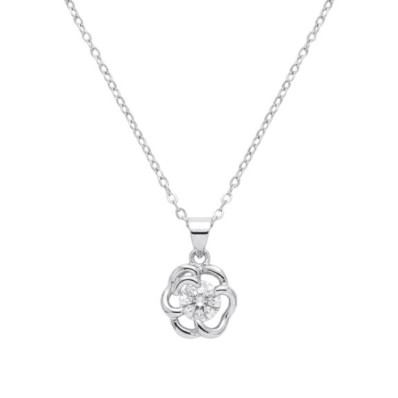 Flower Shaped Cubic Zirconia Pendant Necklace for Women, Silver Tone Crystal Floral Jewelry Gift