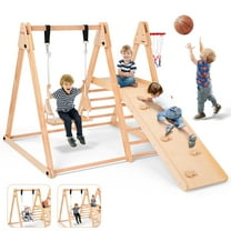 7-in-1 Toddlers Triangle Climbing Toys Set with 2 Swings, Foldable Wood Montessori Climber Kids Indoor Outdoor Playground Jungle Play Gym for Boys Girls