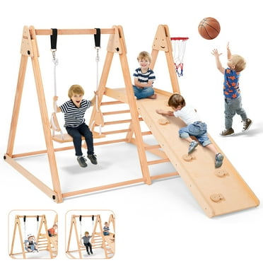 7-in-1 Toddlers Triangle Climbing Toys Set with 2 Swings, Foldable Wood Montessori Climber Kids Indoor Outdoor Playground Jungle Play Gym for Boys Girls
