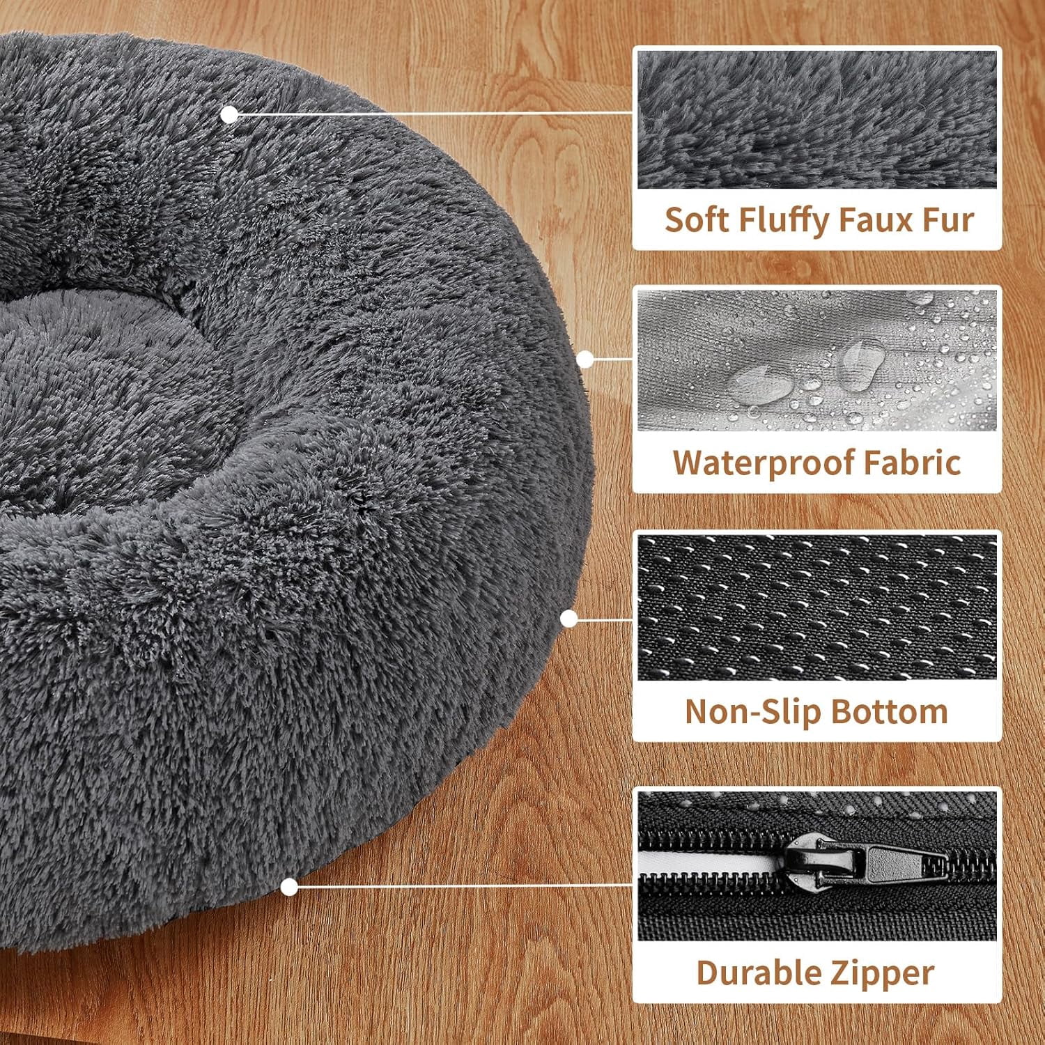 Calming Donut Dog Bed Pillow for Small Medium Pets, Machine Washable Removable Cover, Comfort Plush Fluffy Faux Fur with Anti-Slip Bottom, Cats-Friendly Round Cuddly Design, Gray, 23 inches