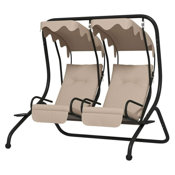 SAZYY 2-Seater Outdoor Porch Swing with Canopy, Patio Loveseat Chair for Garden Poolside Backyard Comfortable Seating Beige