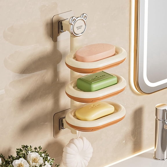 3 Tier Bar Soap Holder for Shower Rotating Shampoo Bar Holder Self Adhesive Wall Mounted Self Draining Soap Dish Layered Soap Tray for Bathroom Sponge Holder for Kitchen (Orange)