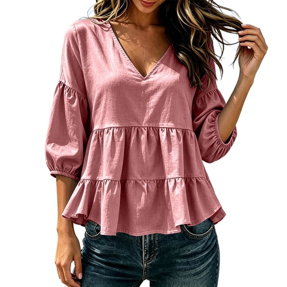 Seffadzy Women's Tiered Ruffle Peplum Blouses 3/4 Puff Sleeve V Neck Flowy Shirts Casual Loose Fit Solid Tops Pink 2XL