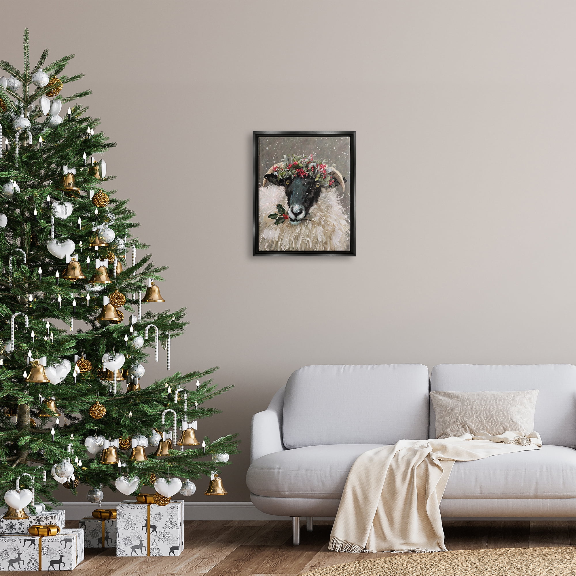 Stupell Industries Holiday Berries Farmhouse Sheep Holiday Painting Black Floater Framed Art Print Wall Art