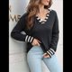 thumbnail image 5 of Suéter de Punto de Corte Regular con Cuello Marinero, Puños y Cuello en V A Rayas para Mujer Negro L, 5 of 8