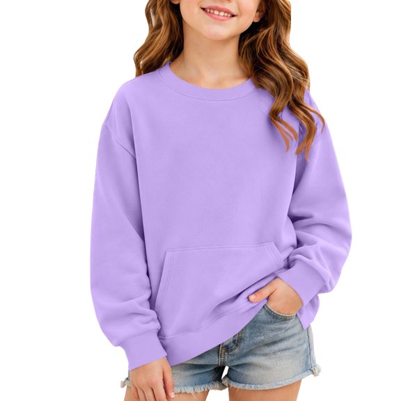 Mitankcoo Girls Crew Neck Long Sleeve Sweatshirt Loose Pullover with Kangaroo Pocket & Side Split Hem for Kids Daily