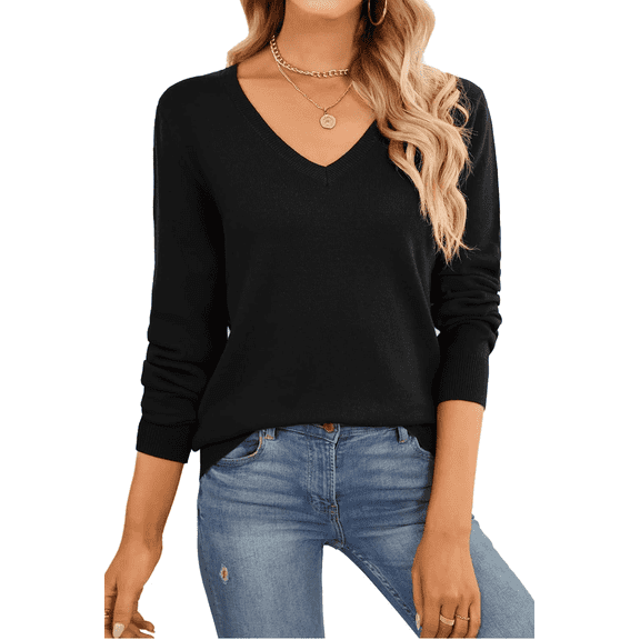 SOMER Women's Sweater Long Sleeve Pullover V-Neck Sweater Soft Lightweight Knit Tops 2025 Black