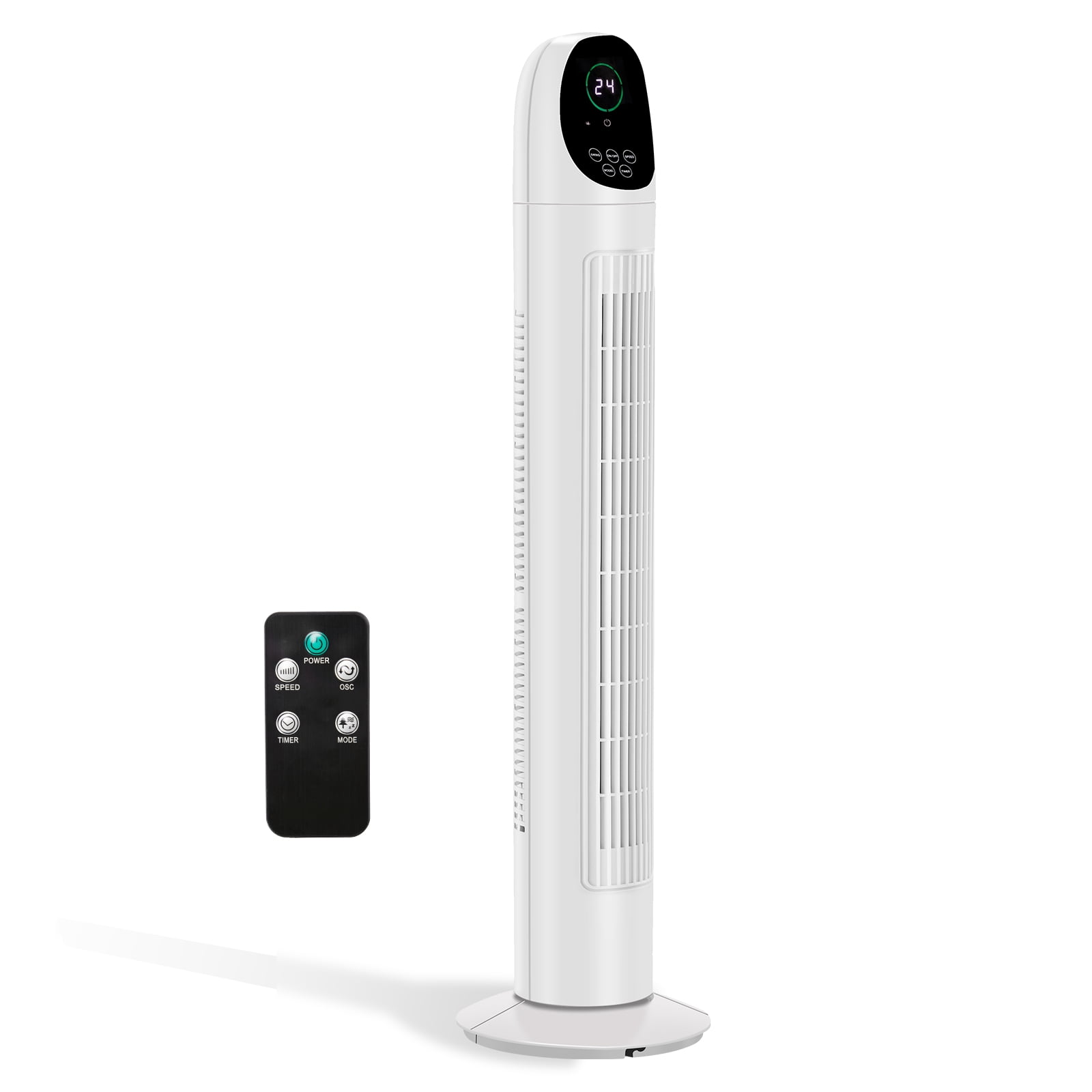 Tower Fan, 110V 50W, 34in, No Water Tank, Remote Control & Digital Display, Plastic Material, Black & White, Concave Arc Head, 9-Hour Timer, Indoor Use