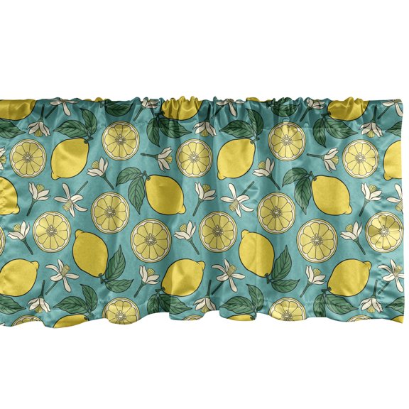 Ambesonne Lemons Window Valance, Rhythmic Citrus Blossoms and Floral Ornaments Print, Curtain Valance for Kitchen Bedroom Decor with Rod Pocket, 54" X 18", Yellow Jade Green