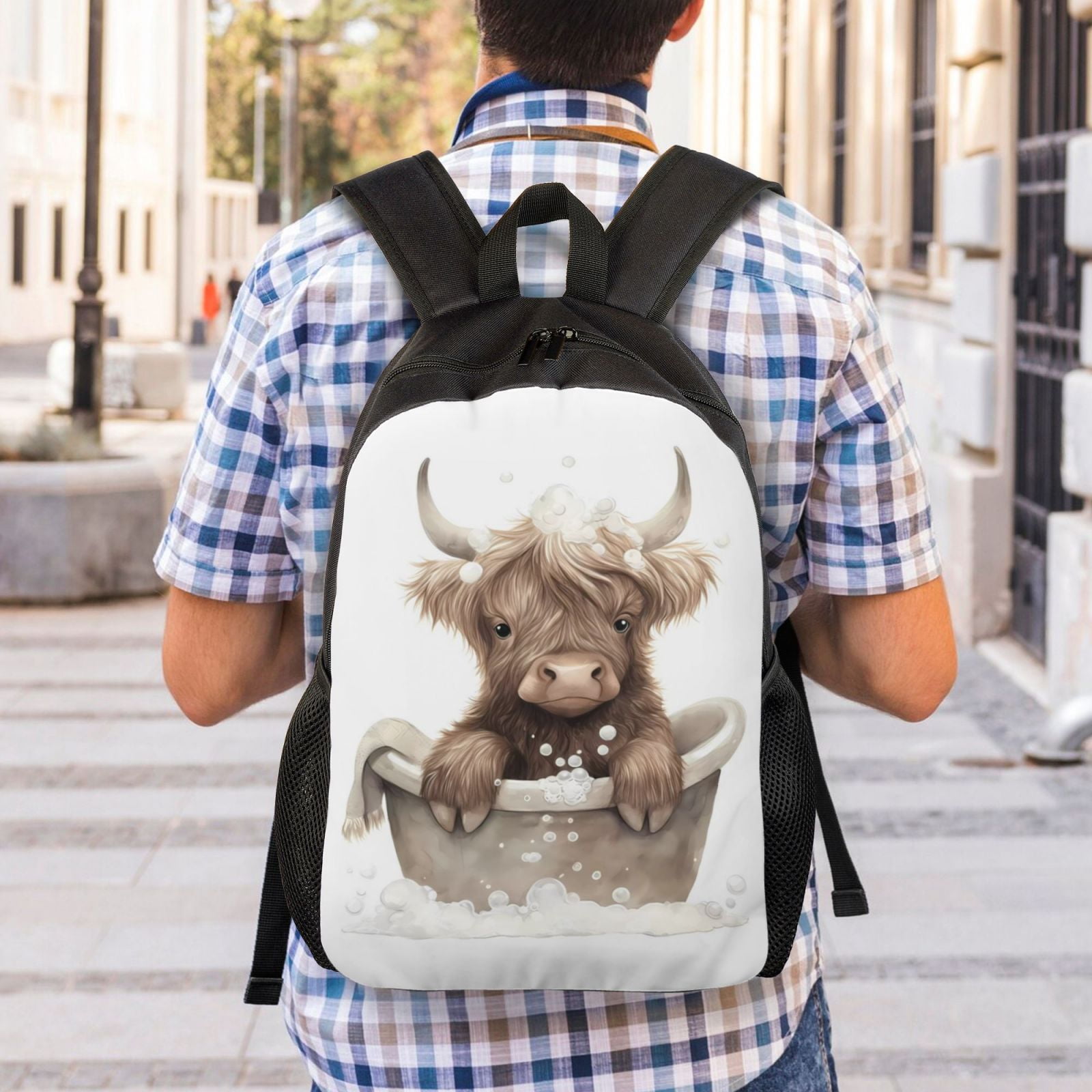 Defioc Cute Cow Bath Print Backpack -Travel,or Work Bookbag Daypacks with 15-Inch Laptop Sleeve and Dual Water Bottle Pockets