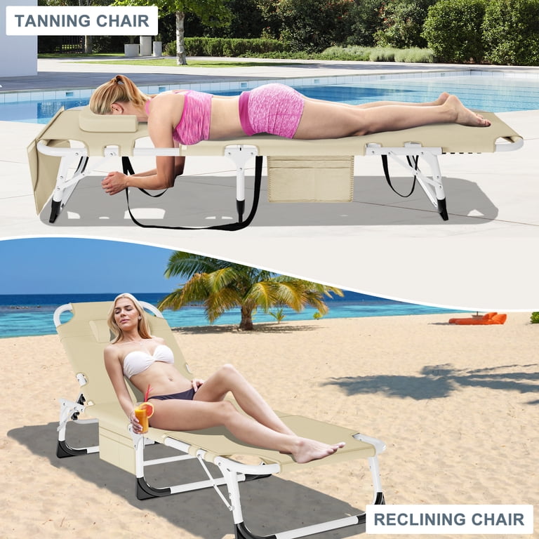 Portable Folding Camping Cot With Mattress - Adjustable Chaise Lounge For Tanning, Beach, Travel