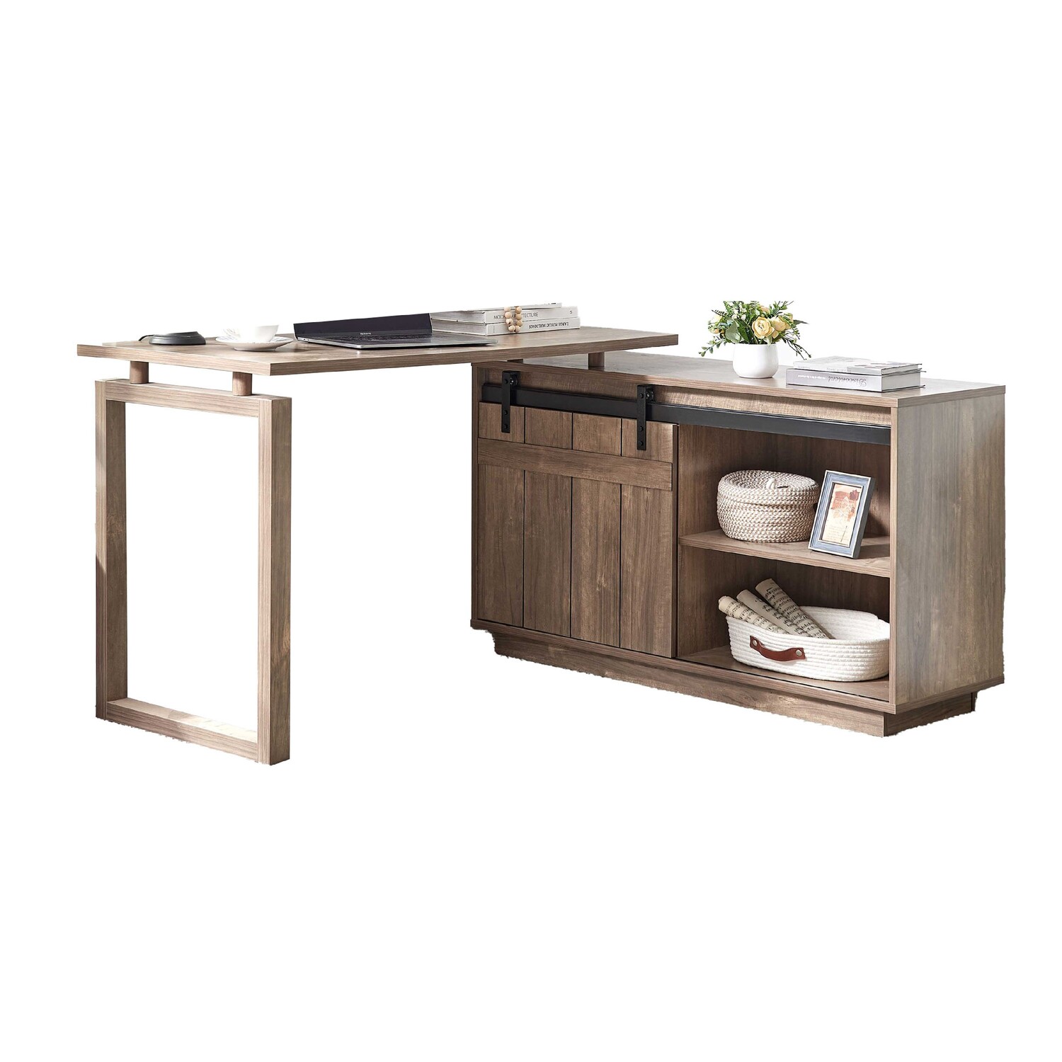 Benjara 56" Fior L Shaped Writing Desk in Hazelnut Brown Wood