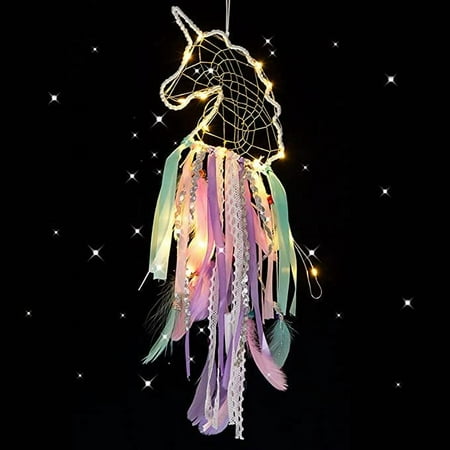 MMTX LED Unicorn Dream Catcher Handmade Room Decoration Feathers Wall Decoration Dream Catcher Girls Romantic Decoration for Wall Hanging Home Decor Ornaments Craft (Purple) Dream Catcher