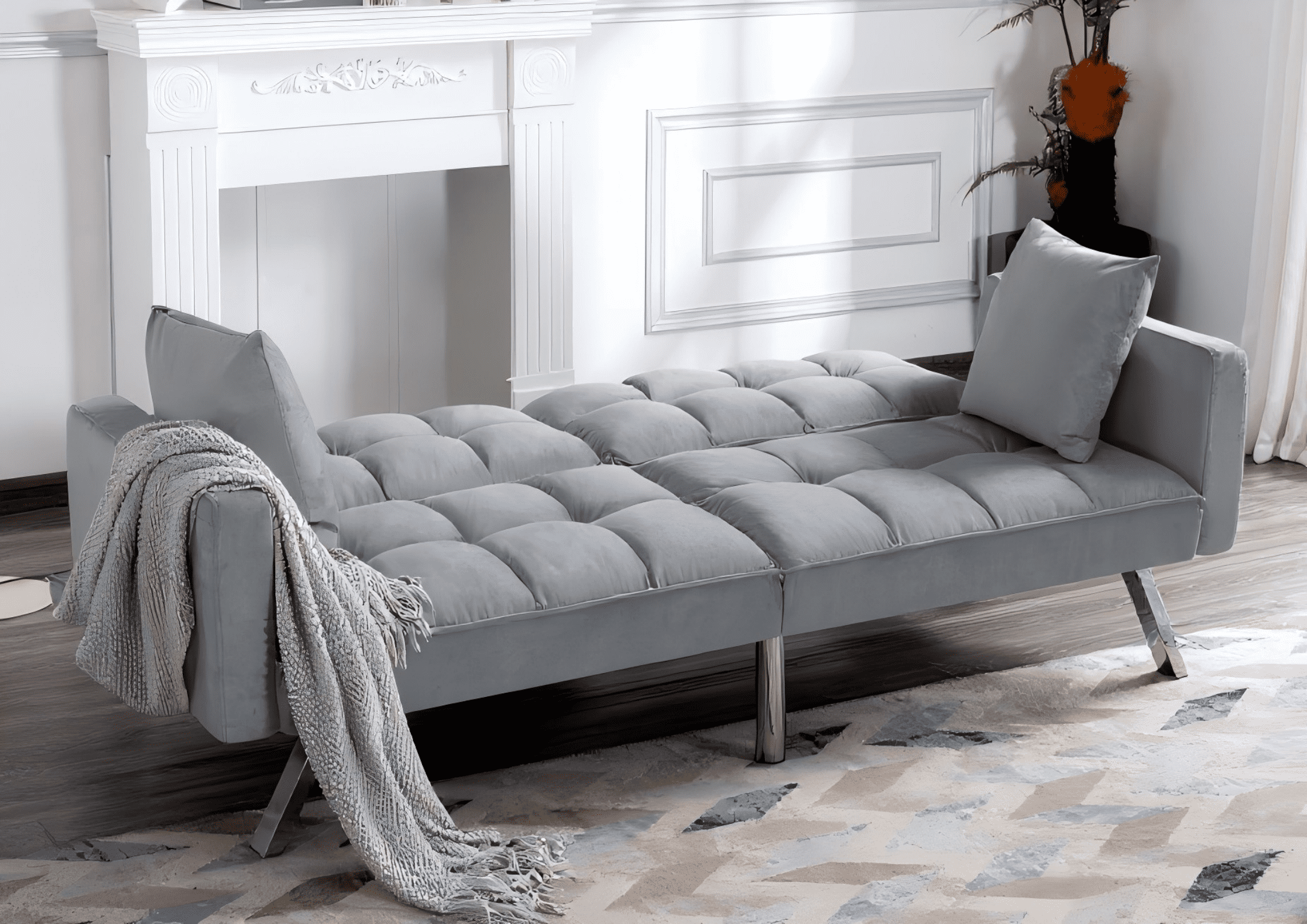 Gewnee 74"Velvet Upholstered Modern Convertible Futon, Adjustable Folding Sofa Bed, Guest Bed for Living Room Bedroom (Gray)