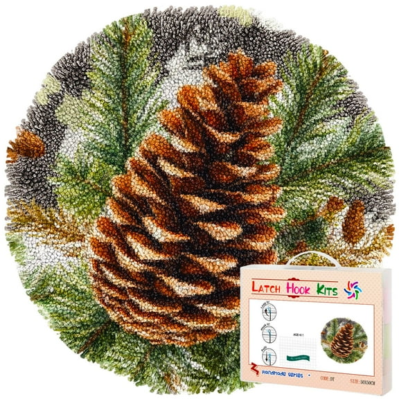 Latch Hook Rug Kit Pine Cone and Leaves Stamped Handmade Round Shape Carpet Crochet Yarn Craft DIY Hook and Latch Door Mat Tapestry for Christmas Home Floor Decor 50x50cm(1)