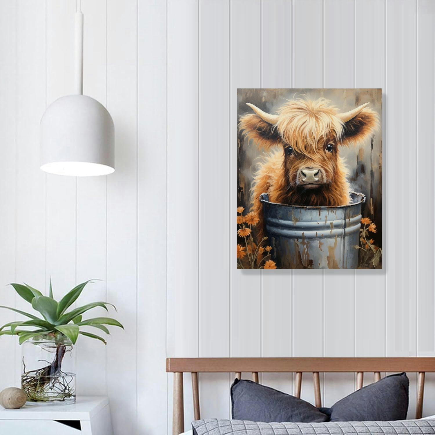 EastSmooth Farmhouse Highland Cow Wall Art: Hello Sweet Cheeks Bathroom Sign Canvas Print Brown Cow Decor Rustic Framed Picture Funny Animal Poster