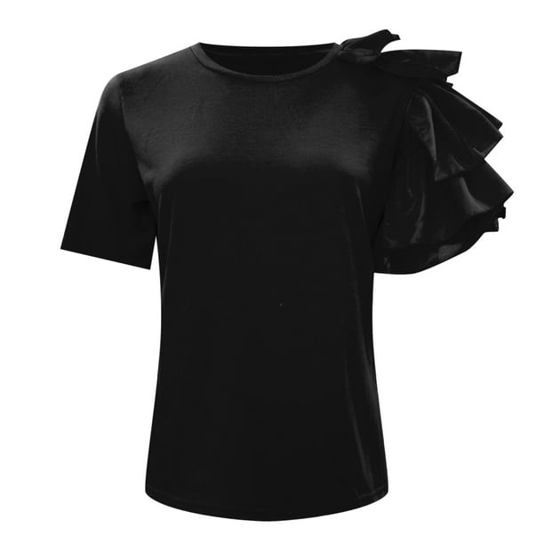 Camiseta de manga corta con volantes y cuello redondo de color liso para mujer, seda lechosa cepillada, S-XL-XXL