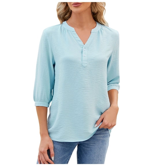 Womens Casual Chiffon Blouses 3/4 Sleeve Loose V Neck Pleated Button Down Shirts