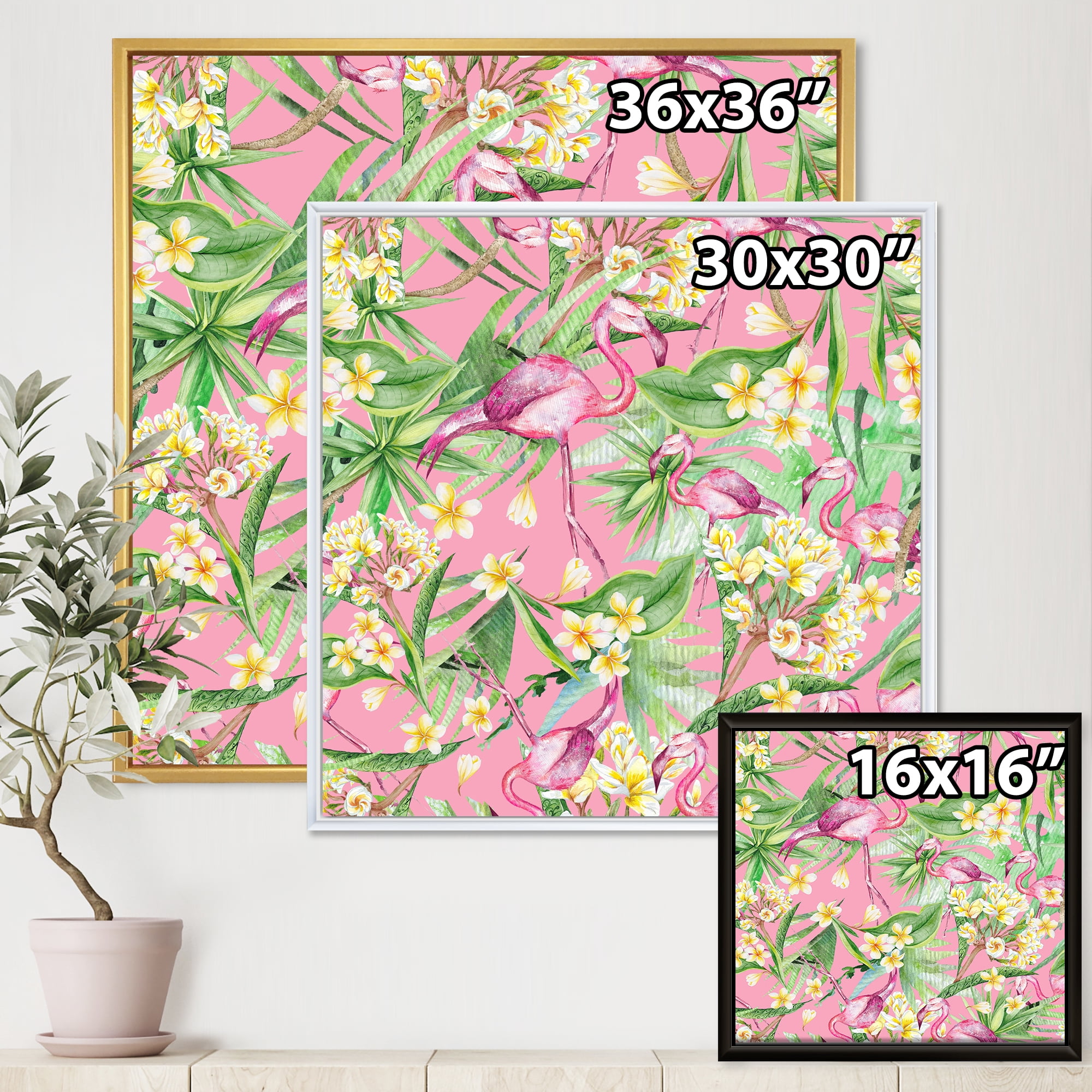 Designart 'Yellow Flowers, Tropical Foliage With Flamingo III' Modern Framed Canvas Wall Art Print