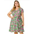 thumbnail image 4 of Women's Plus Size Dress V Neck Belted Summer Floral Dresses Olive Green 2X, 4 of 7