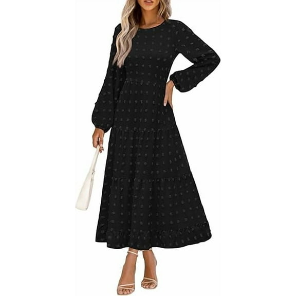 PRETTYGARDEN Women's Fall Spring Elegant Long Sleeve Maxi Dress Swiss Dot A Line Flowy Casual Holiday Party Going Out Dresses