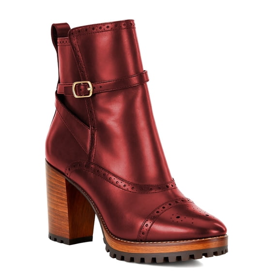 XYD Women Round Toe Perforated Ankle Boots Lug Sole Wooden Block Heel Buckled Strap Platform Side Zip Booties Casual Shoes Size 7 Red