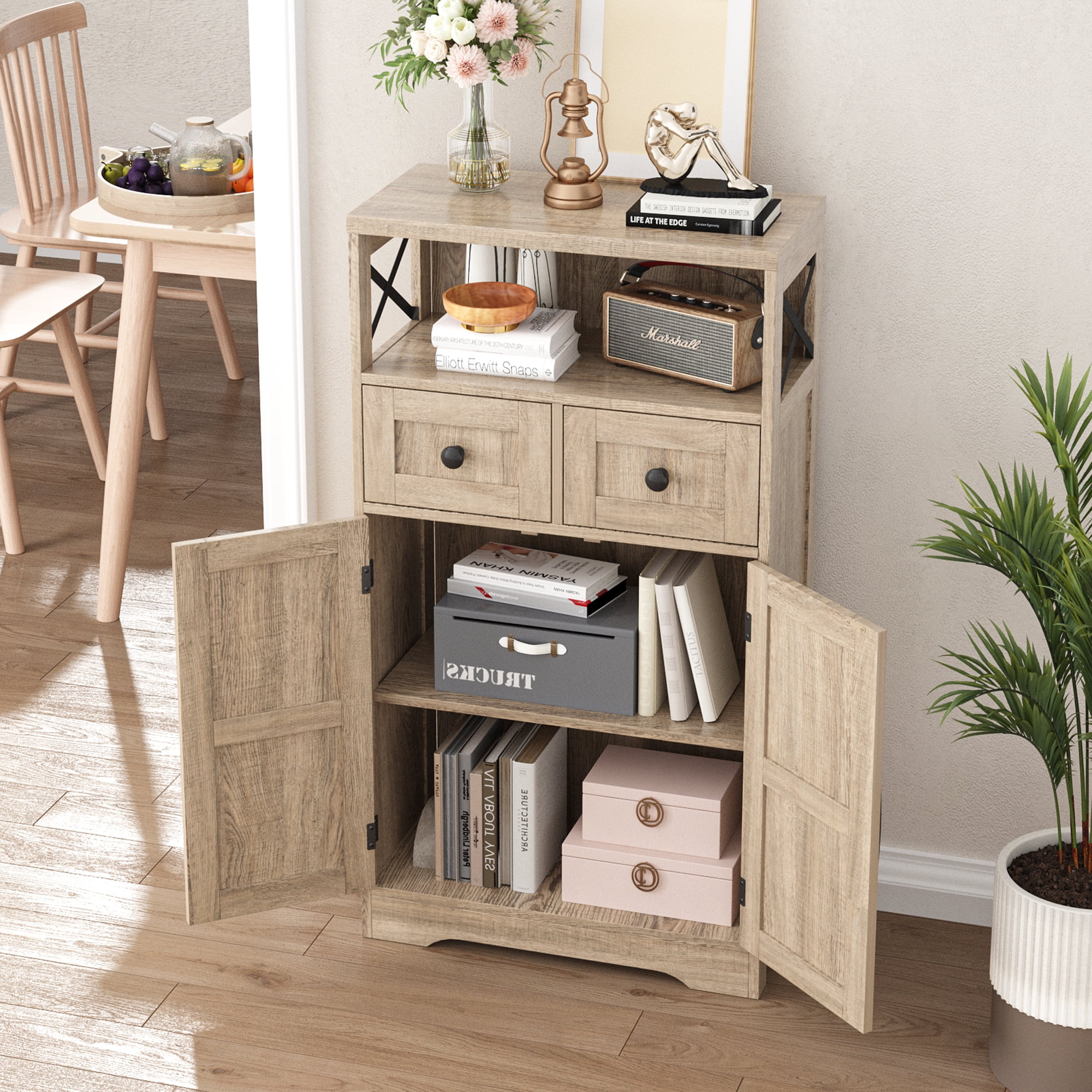 Farmhouse Storage Cabinet with Drawers and Shelves, Natural