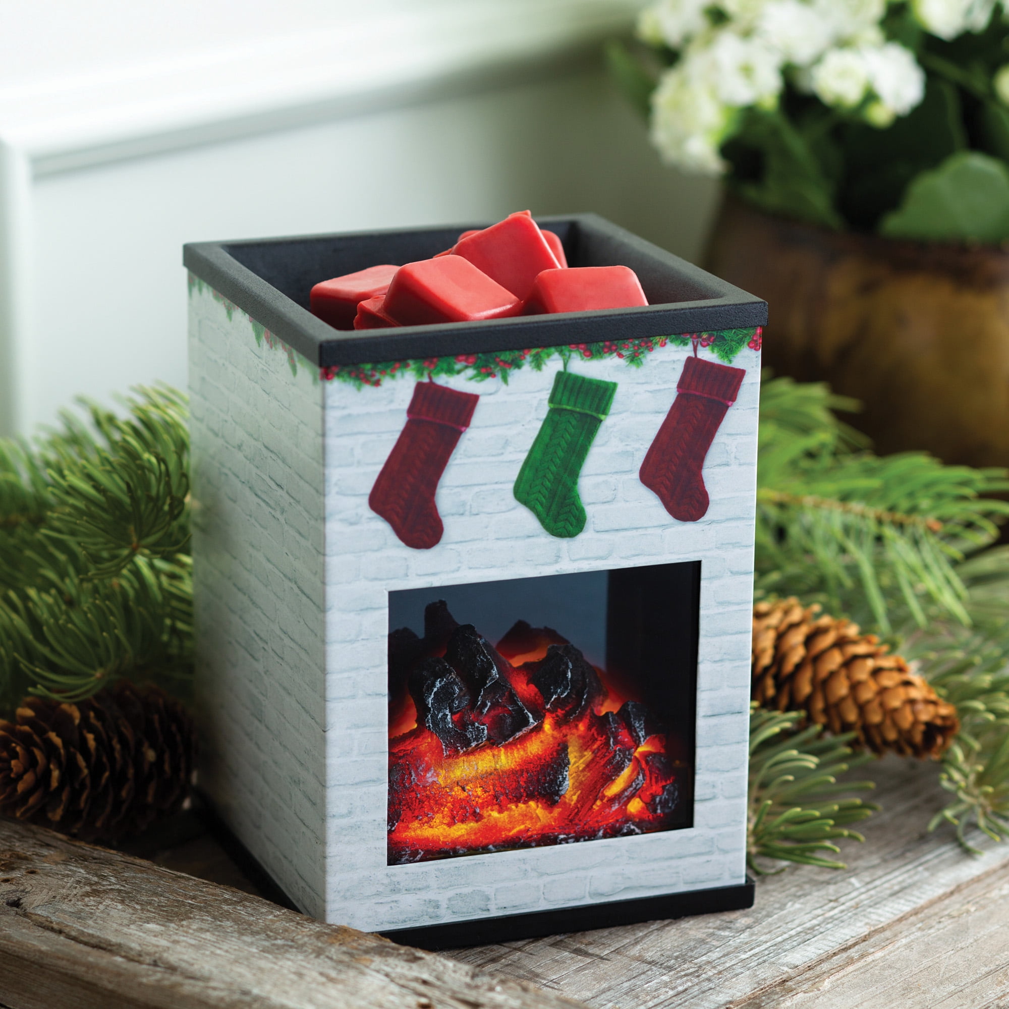 CANDLE WARMERS ETC. Illumination Fragrance Warmer, White Brick Holiday Fireplace