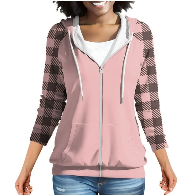 Chbgutlmr Chandail pour Femmes Raglan à Manches Longues Décontracté Vestes à Carreaux Cordon de Serrage Chandails à Capuchon à Fermeture Éclair Poches