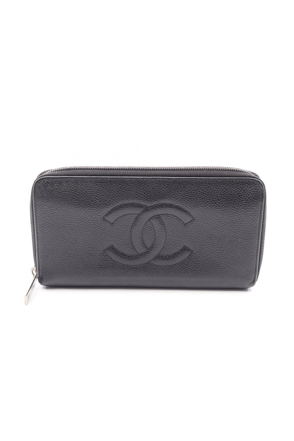 Pre-Owned Chanel Coco Mark Round Long Wallet, Calfskin Leather, Women's, Black