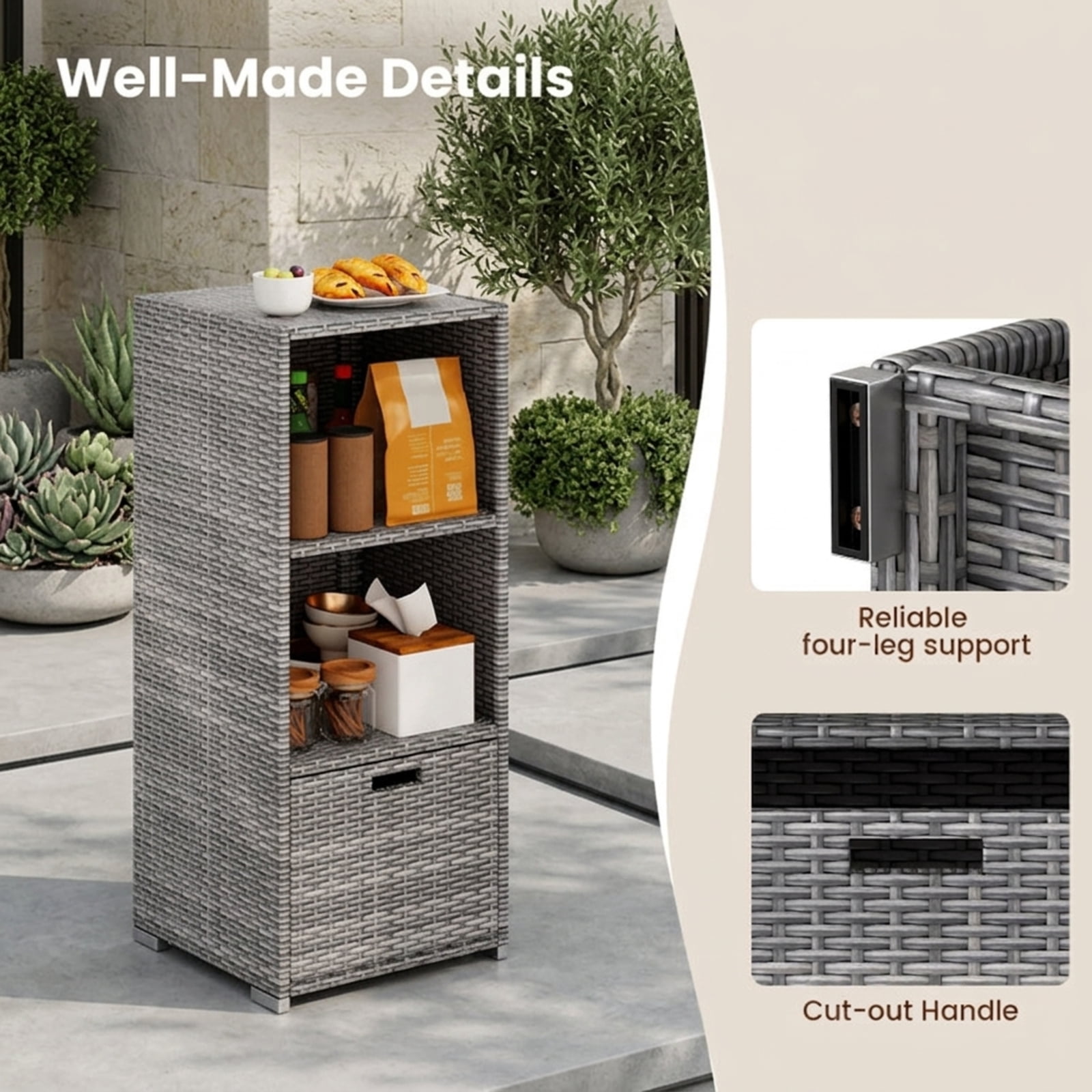 Biotree Outdoor Storage Cabinet with Drawer and 3 Shelves for Patio Porch Poolside Backyard, Mix Brown