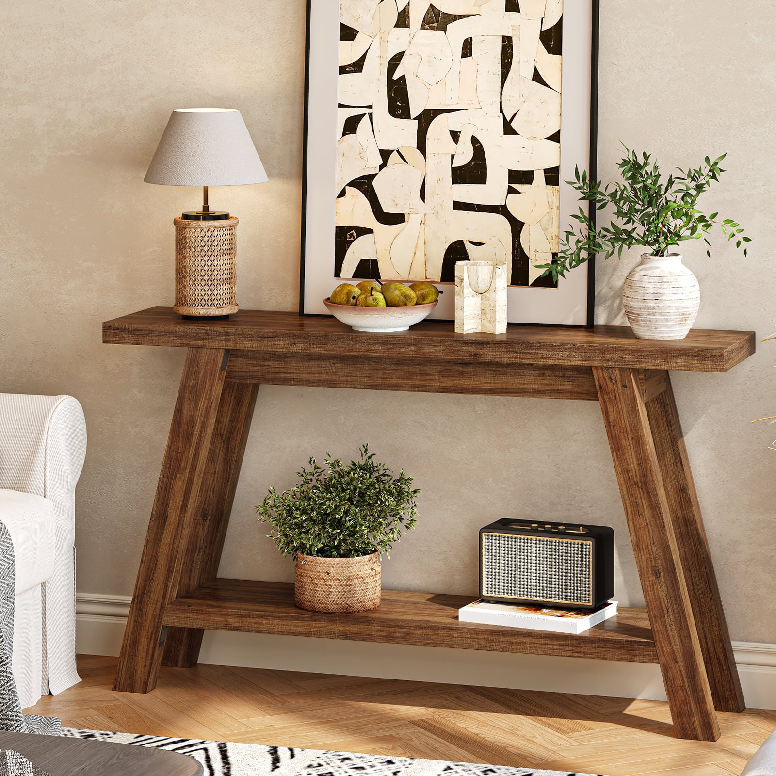 54" Farmhouse 2-Tier Console Table ,Wooden Entryway Sofa Table, Brown