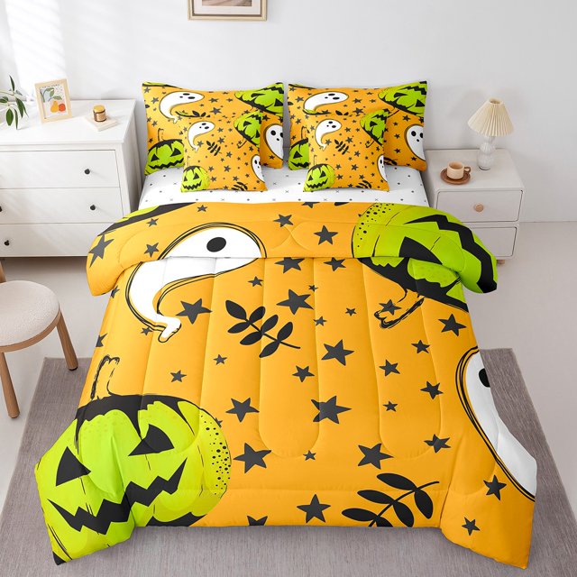 YST Halloween Pumpkin Comforter Set, 7-Piece, Cartoon Ghost Theme, Full Size