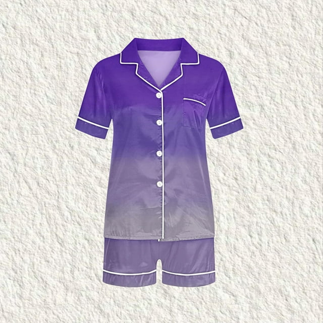 Pantalons de Pyjama pour Femmes, Hauts à Manches Courtes pour Femmes, Blouse Décontractée pour Enfants Col Rabattu Manches Courtes Mode Ensemble de Pyjama