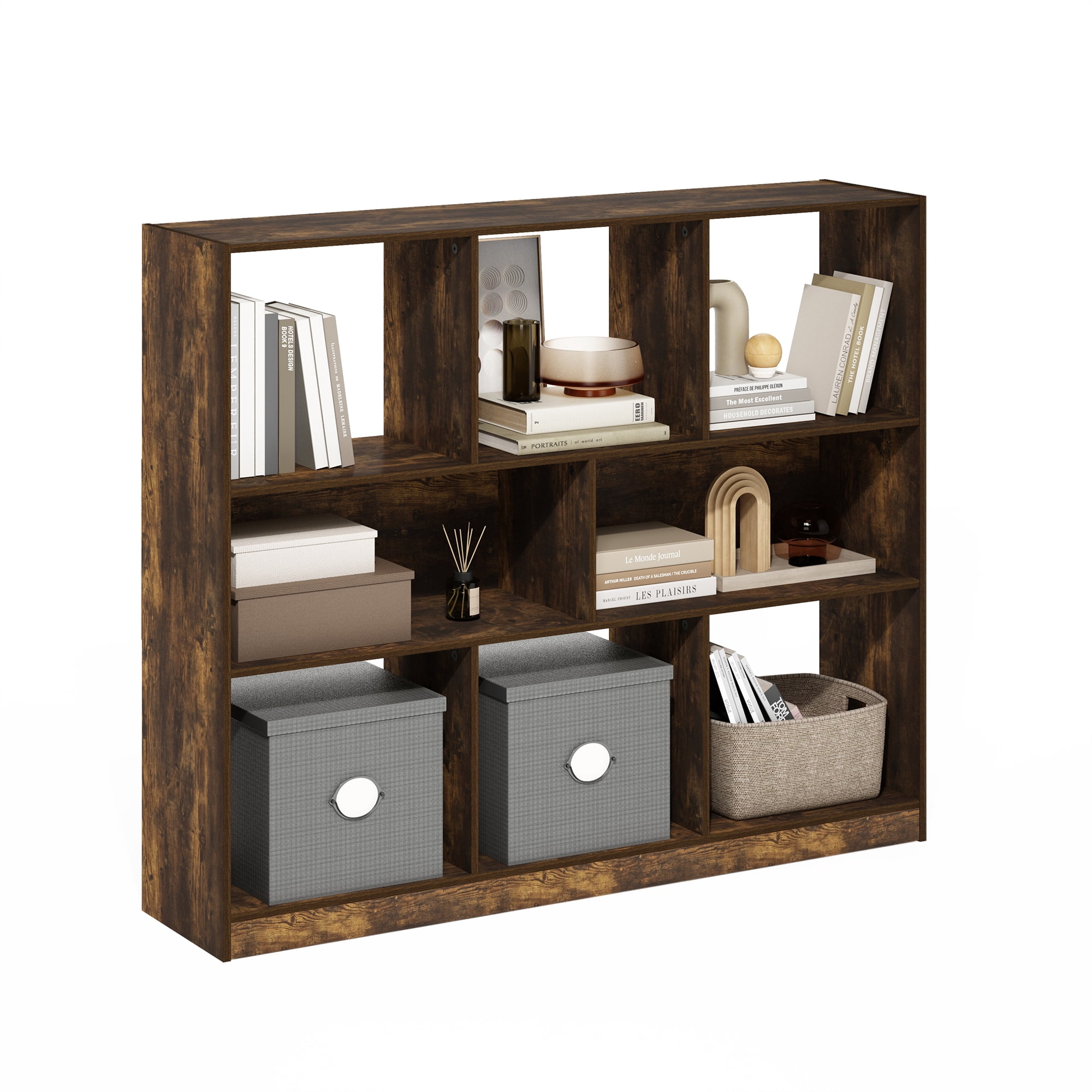 Furinno Daly 8-Cube Horizontal 3 Tier Bookcase, Bookshelf, Storage Organizer, 47 Width, Amber Pine