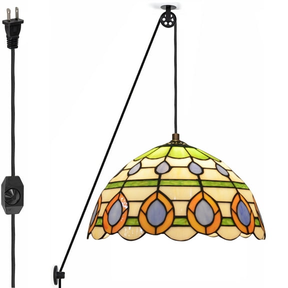 Kiven Plug in Classic Pendant Light, Pulley Hanging Light with Glass Lampshade and 15FT Cord, Retro Dimmable Ceiling Pendant Light for Bedroom Foyer Hallway Kitchen Island, E26 Socket