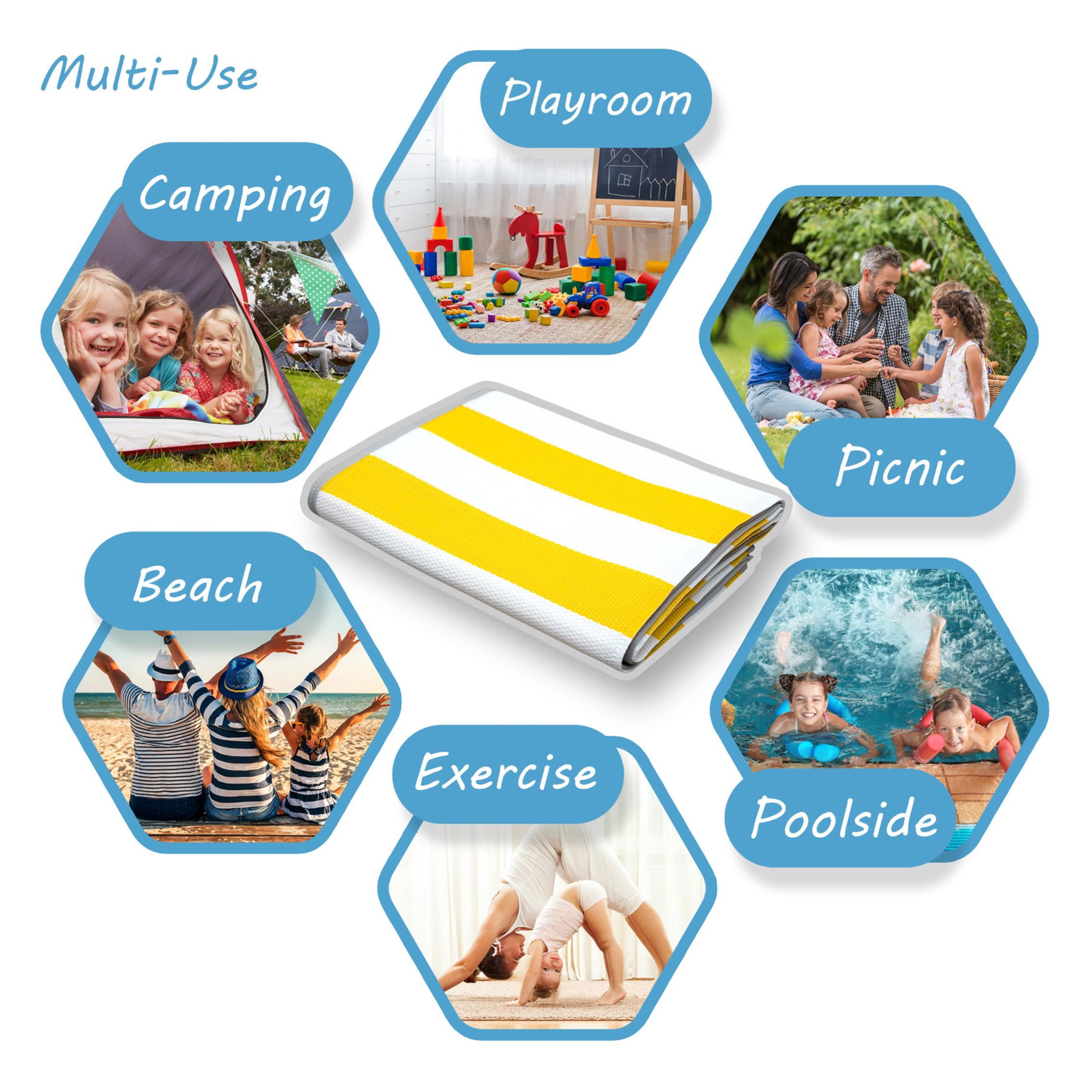 Luna Contemporary Stripe Yellow and White Polypropylene Reversible Plastic Straw Outdoor Area Rug, 5' x 6'11'' Rectangle
