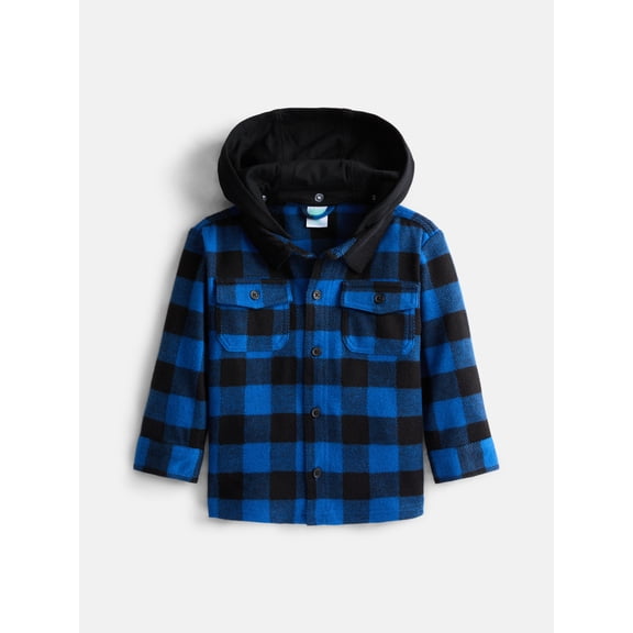 Wonder Nation Toddler Boys' Button Down Flannel Shirt with Hood, Sizes 12M-5T