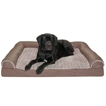UPC: 0842229126495 | FurHaven Pet Products Luxe Fur & Performance Linen Cooling Gel Memory Foam Sofa-Style Pet Bed for Dogs & Cats – Woodsmoke Jumbo Plus