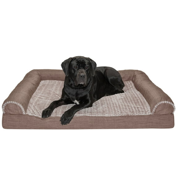 FurHaven Pet Products Luxe Fur & Performance Linen Cooling Gel Top Sofa Pet Bed for Dogs & Cats - Woodsmoke, Jumbo Plus