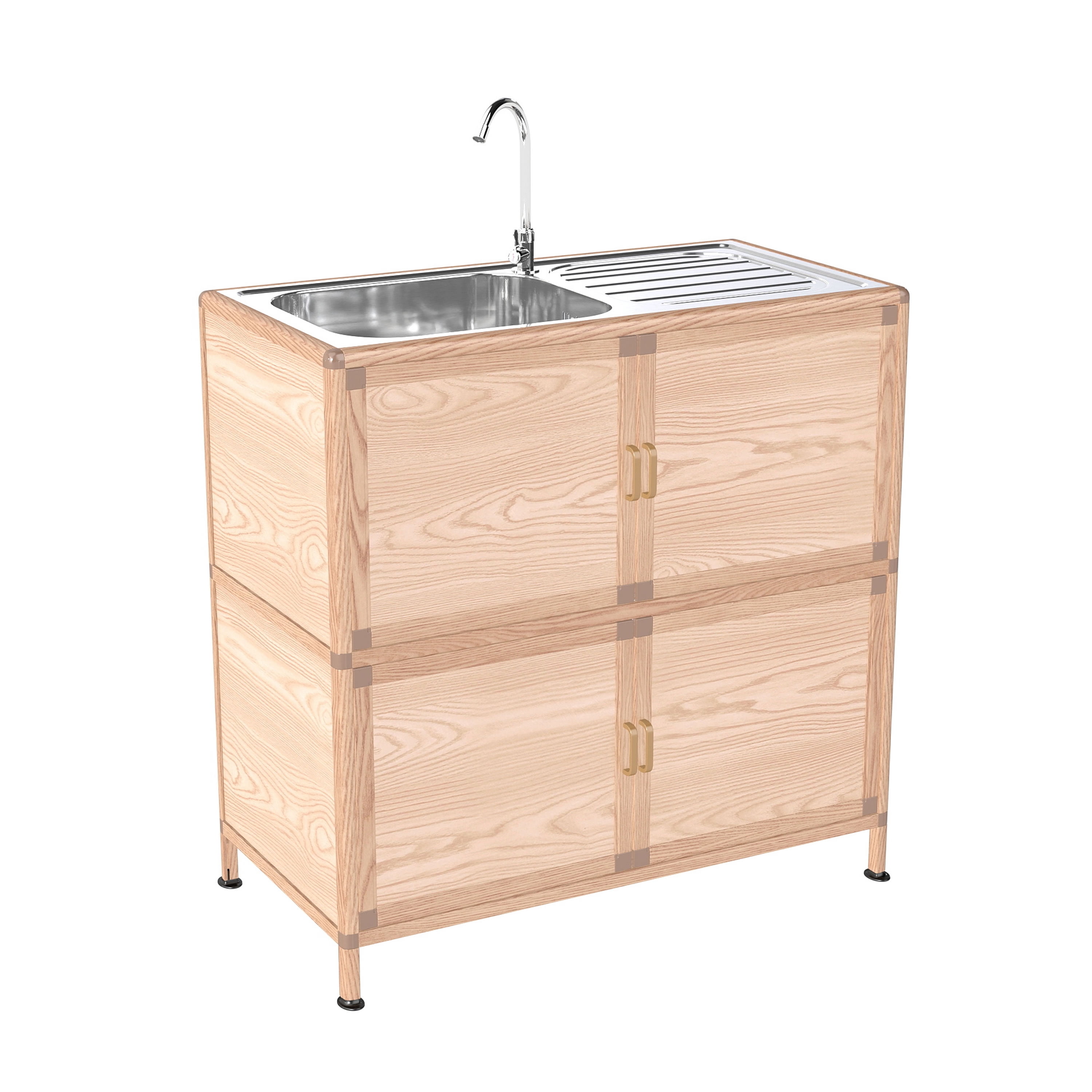 Utility Sink with Cabinet, Freestanding Laundry Room Sink with Faucet and Storage, Stainless Steel Utility Tub for Garage, Workshop, Outdoor Kitchen, 32.68" Natural Wood