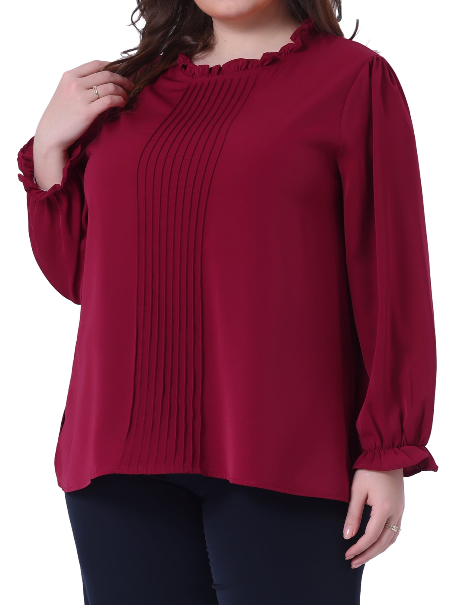 DARING DIVA Women's Plus Long Sleeve Ruffle Crew Neck Casual Blouse 4X Burgundy