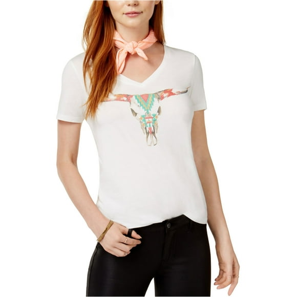 Carbon Copy Womens Embroidered Skull Graphic T-Shirt, White, Small